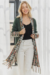 Green cardigan with fringe hem