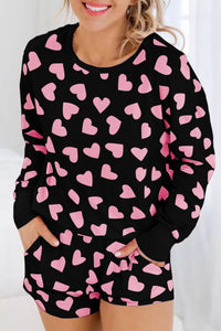 Black Valentine's heart shape print top & shorts lounge set