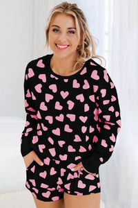 Black Valentine's heart shape print top & shorts lounge set