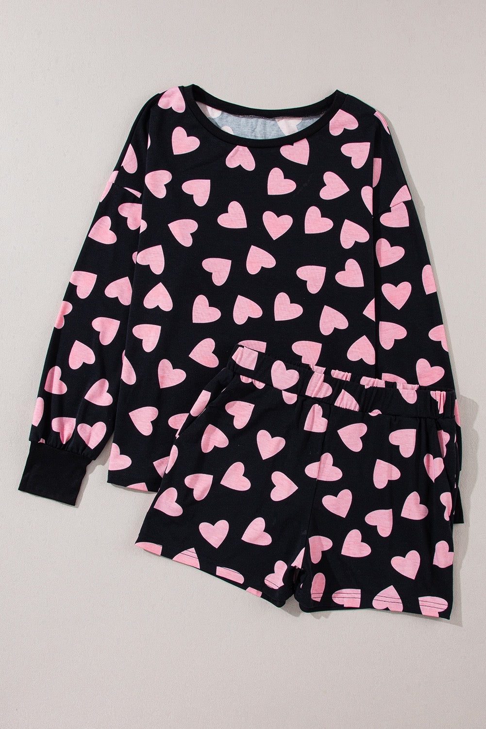 Black Valentine's heart shape print top & shorts lounge set