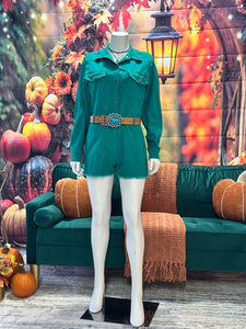 Teal Denim Stretch Button Down Long Sleeve Romper
