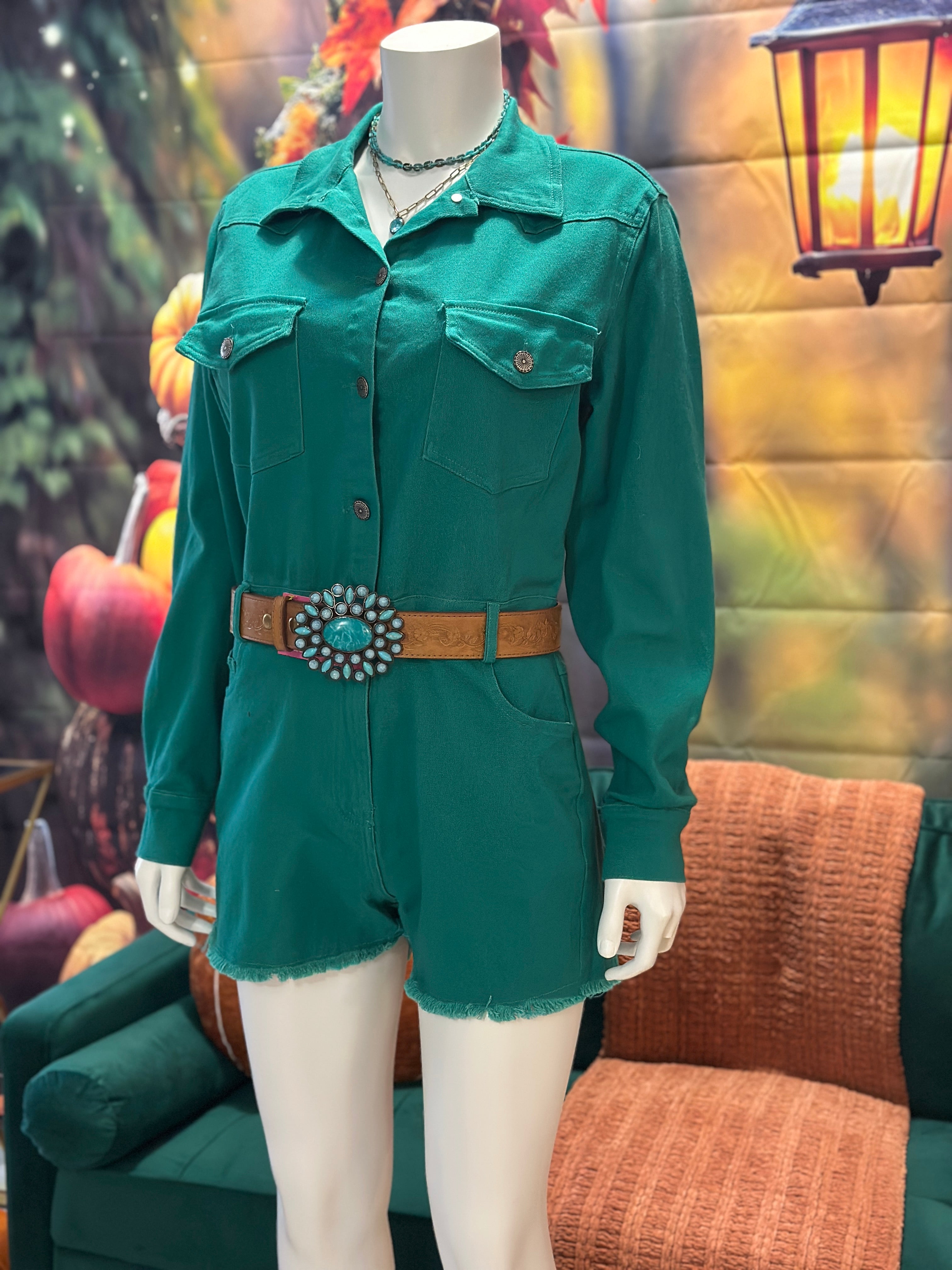 Teal Denim Stretch Button Down Long Sleeve Romper