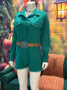 Teal Denim Stretch Button Down Long Sleeve Romper