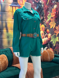 Teal Denim Stretch Button Down Long Sleeve Romper