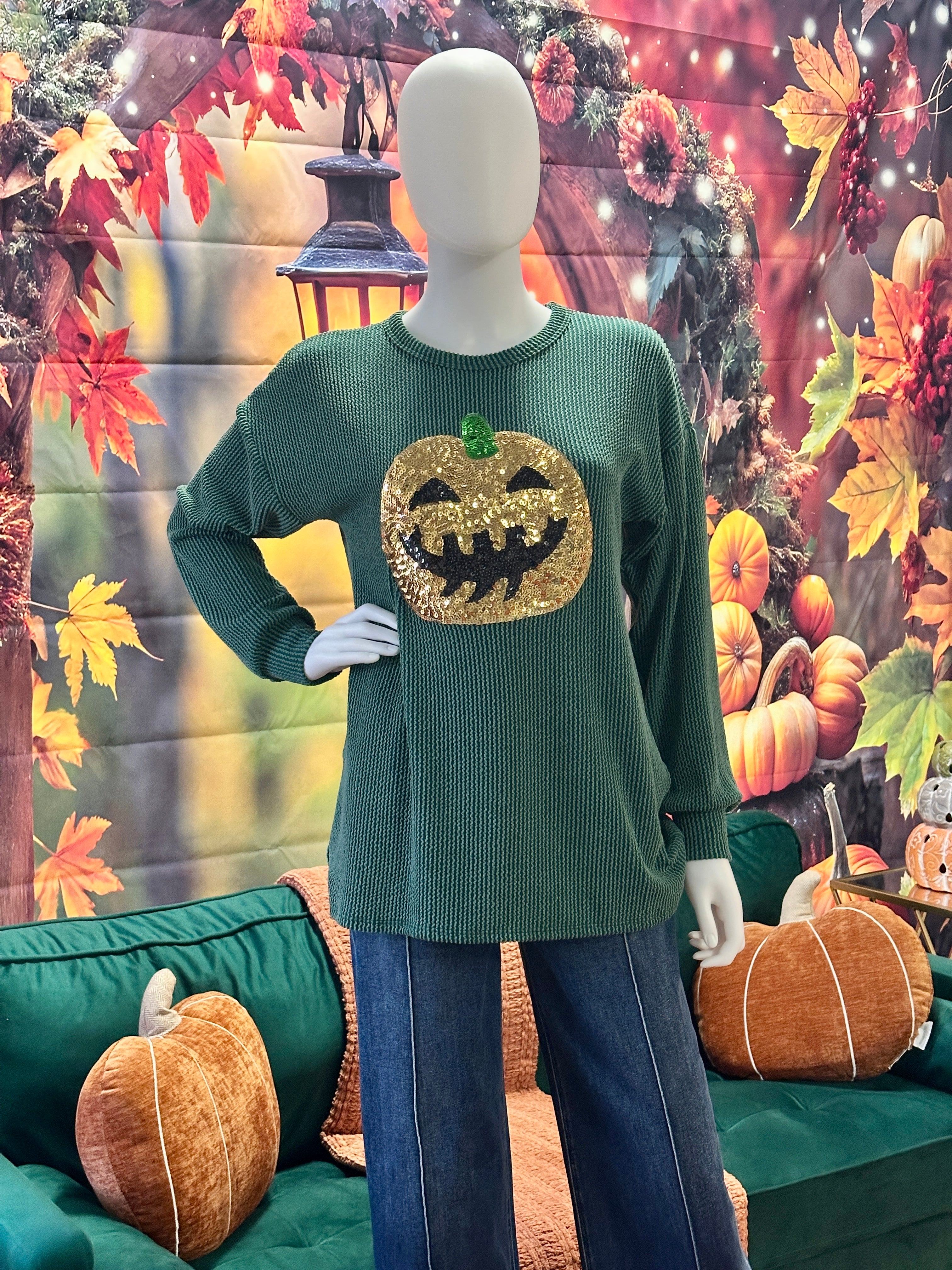 Hunter green ribbed sequins Halloween top