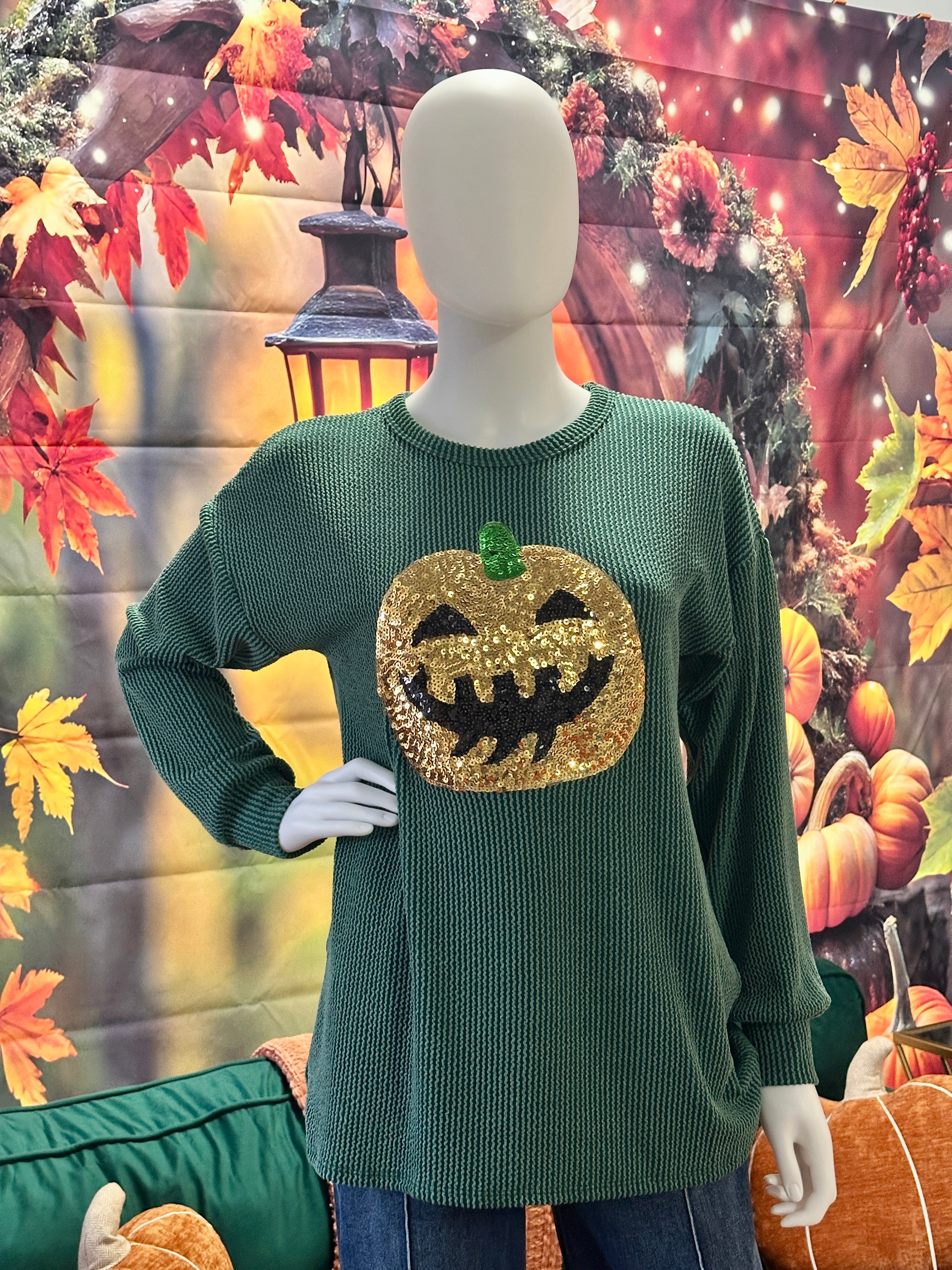 Hunter green ribbed sequins Halloween top