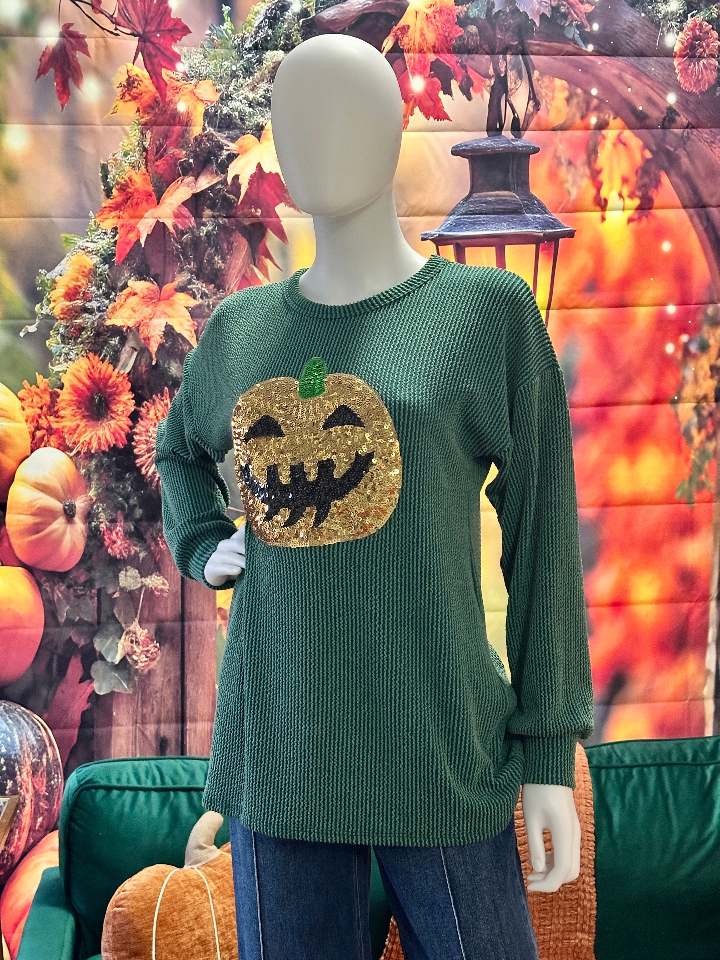 Hunter green ribbed sequins Halloween top