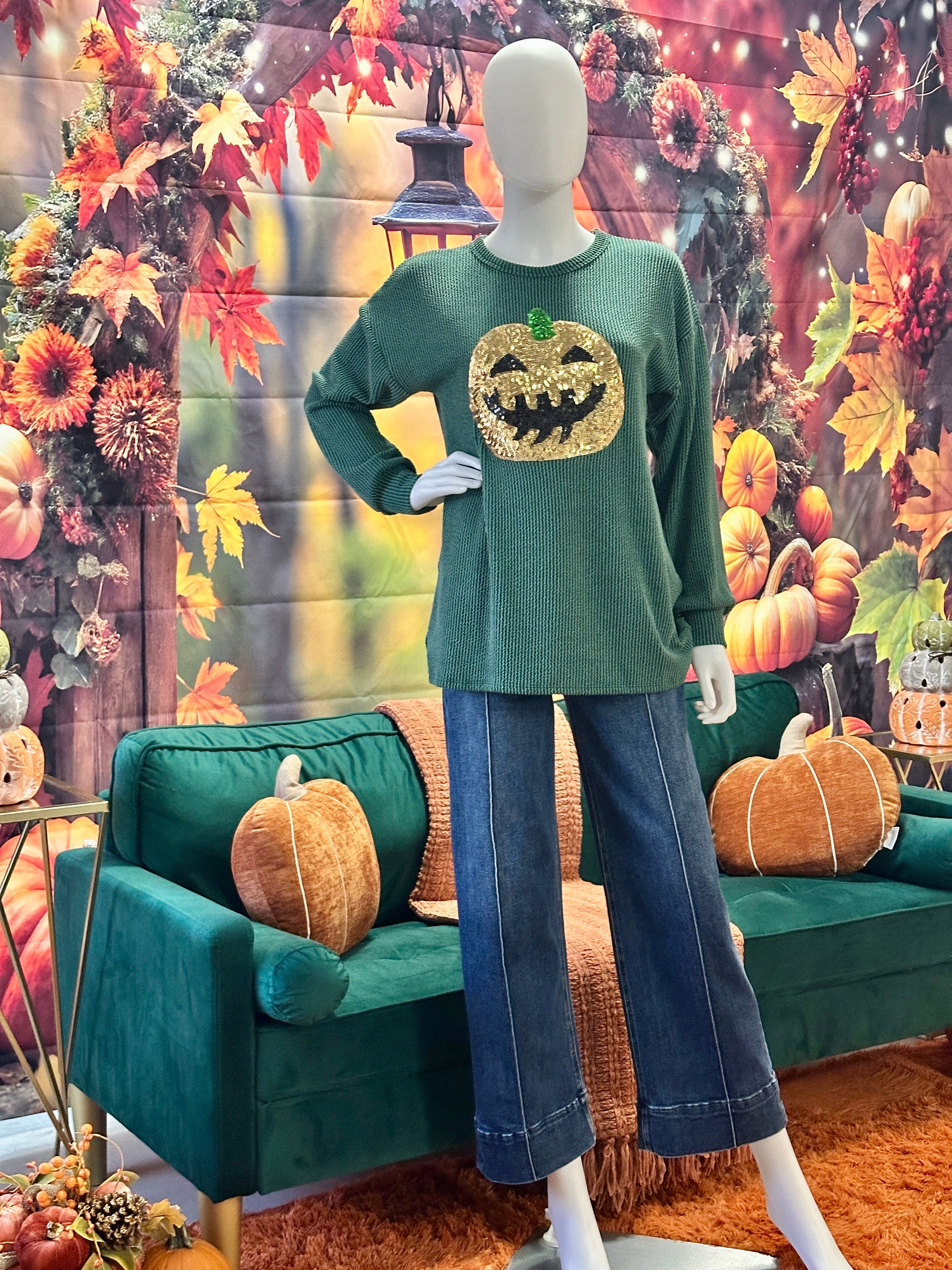 Hunter green ribbed sequins Halloween top
