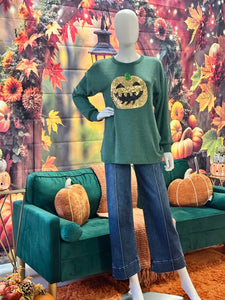 Hunter green ribbed sequins Halloween top