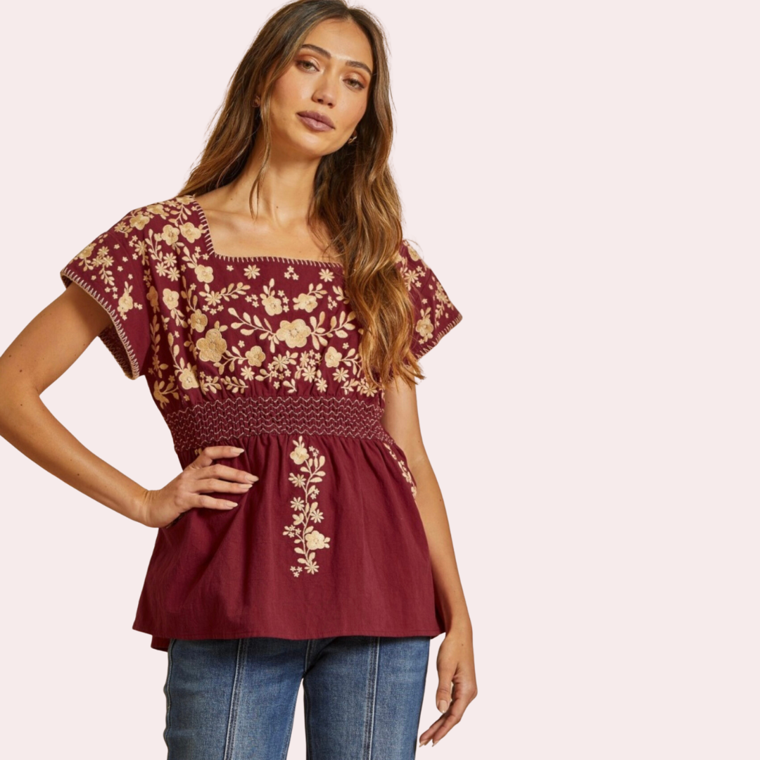 Wine top with floral embroidery