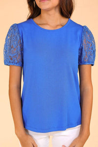 Blue Ribbed Tee With Lace Puff Sleeve