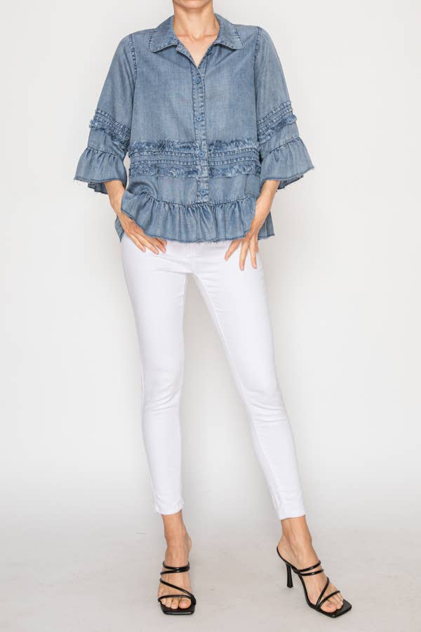 Lightweight Chambray Ruffle Detailed Jacket