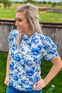 Blue and white floral print top