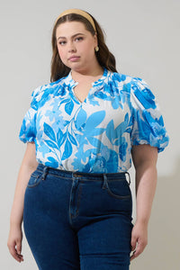 Blue & white floral print blouse