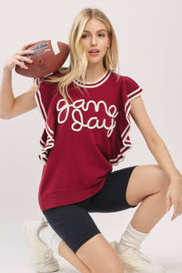 Maroon & white ruffle sleeve varsity game day knit top