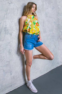 Ivory & yellow printed linen halter top