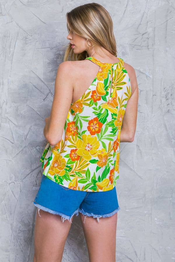 Ivory & yellow printed linen halter top