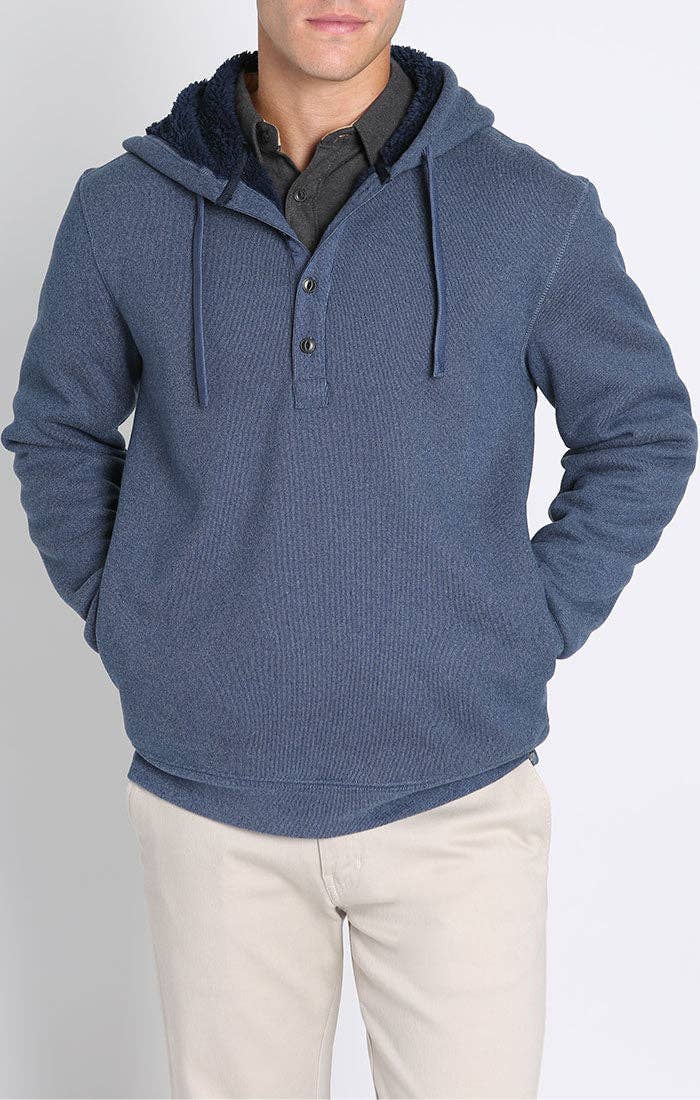 Blue sherpa lined ultra soft ribbed hooded henley