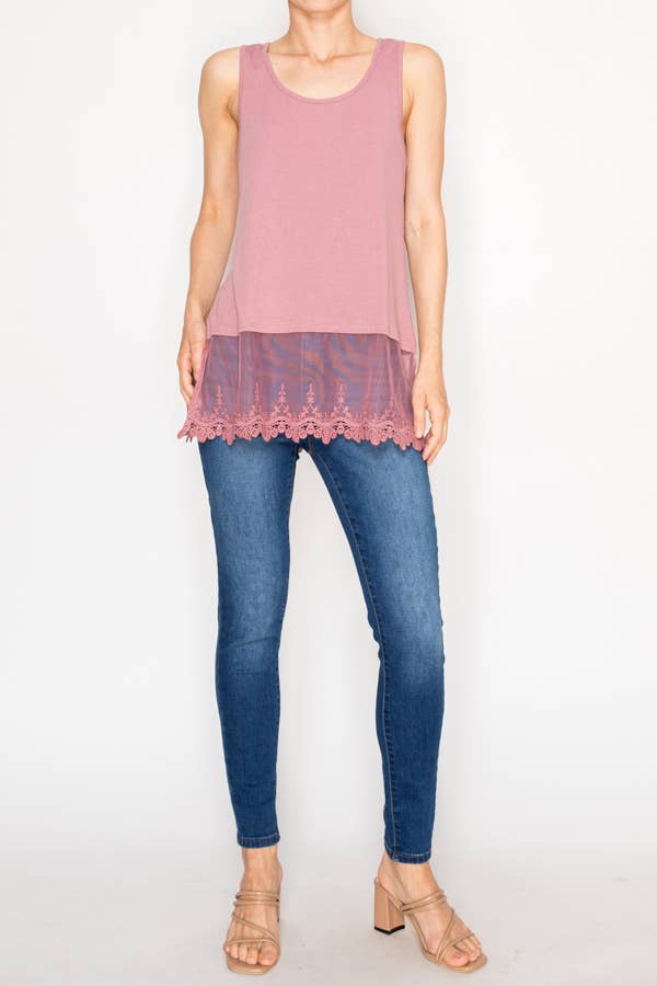 Dusty rose relaxed tank with delicate floral laced hem