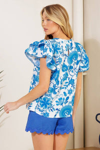 Off white & blue printed top with flutter sleeves