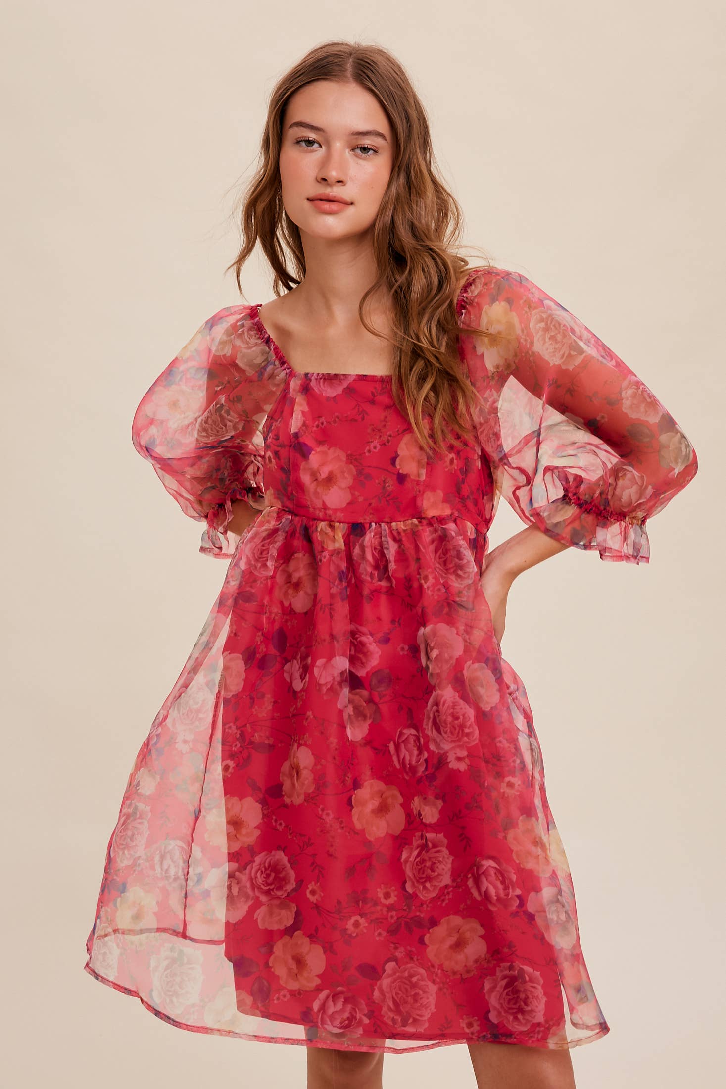 Pink floral organza puff sleeve dress