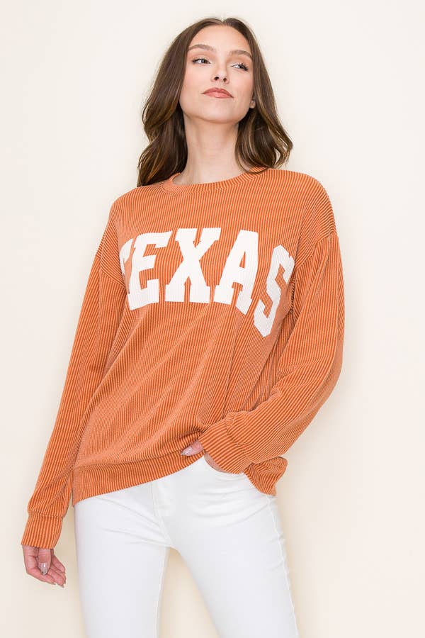 Burnt orange ribbed Texas graphic top