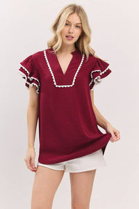 Maroon Game day ruffle sleeve scallop trim top