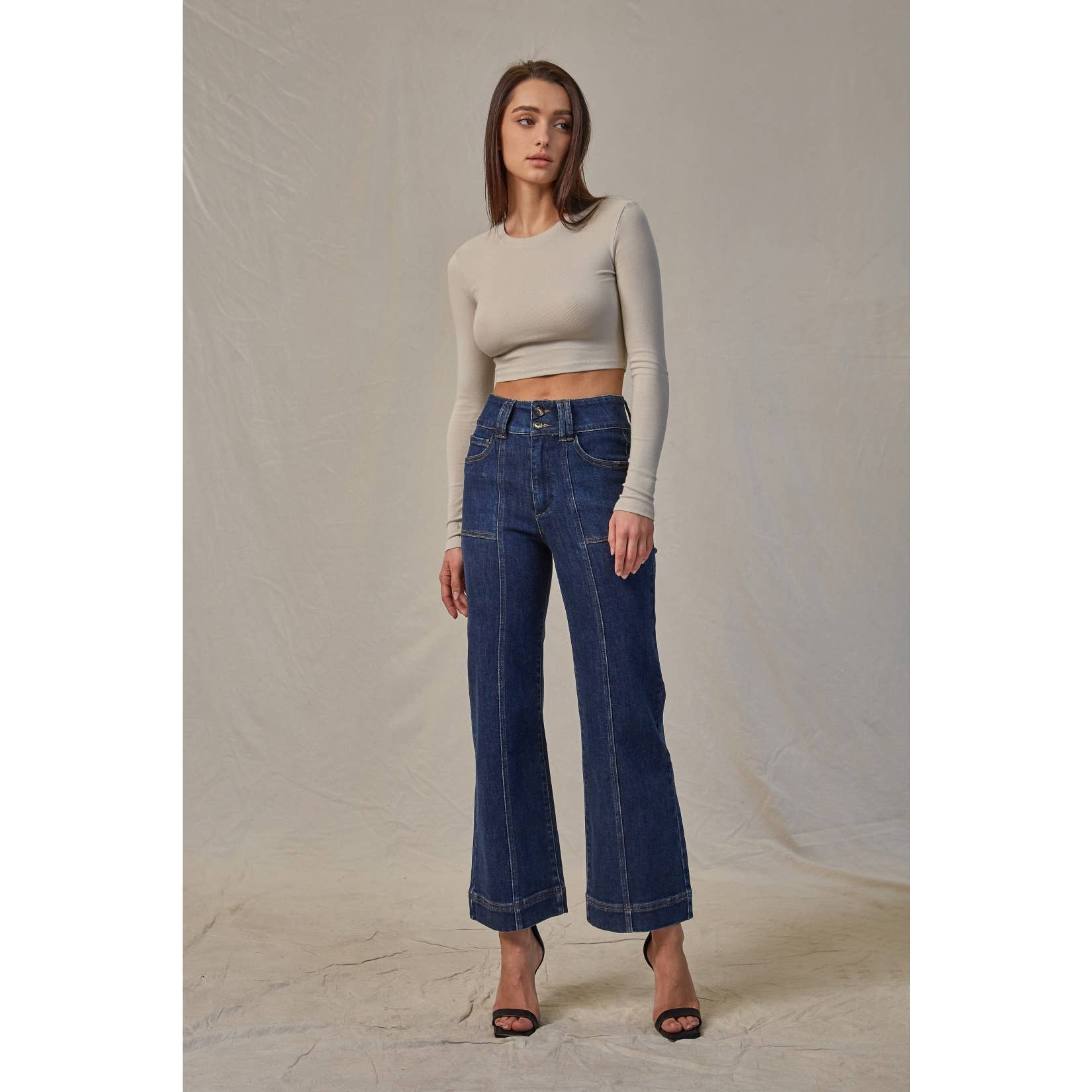 French navy jeans with super high rise and wide crop leg