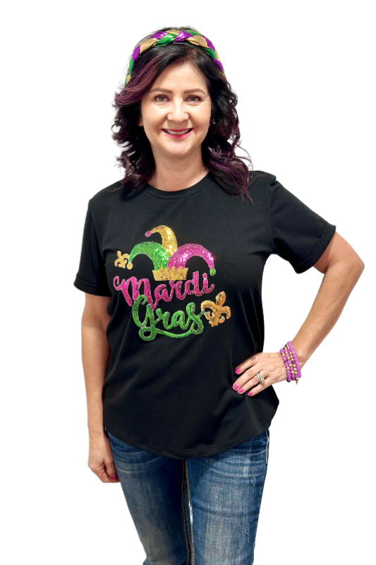 Black Mardi Gras sequin jester crew neck top