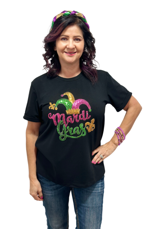 Black Mardi Gras sequin jester crew neck top