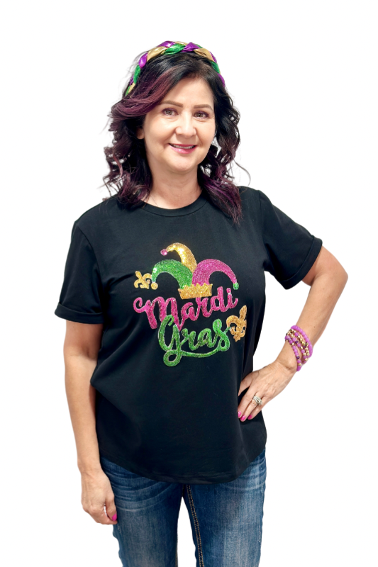 Black Mardi Gras sequin jester crew neck top