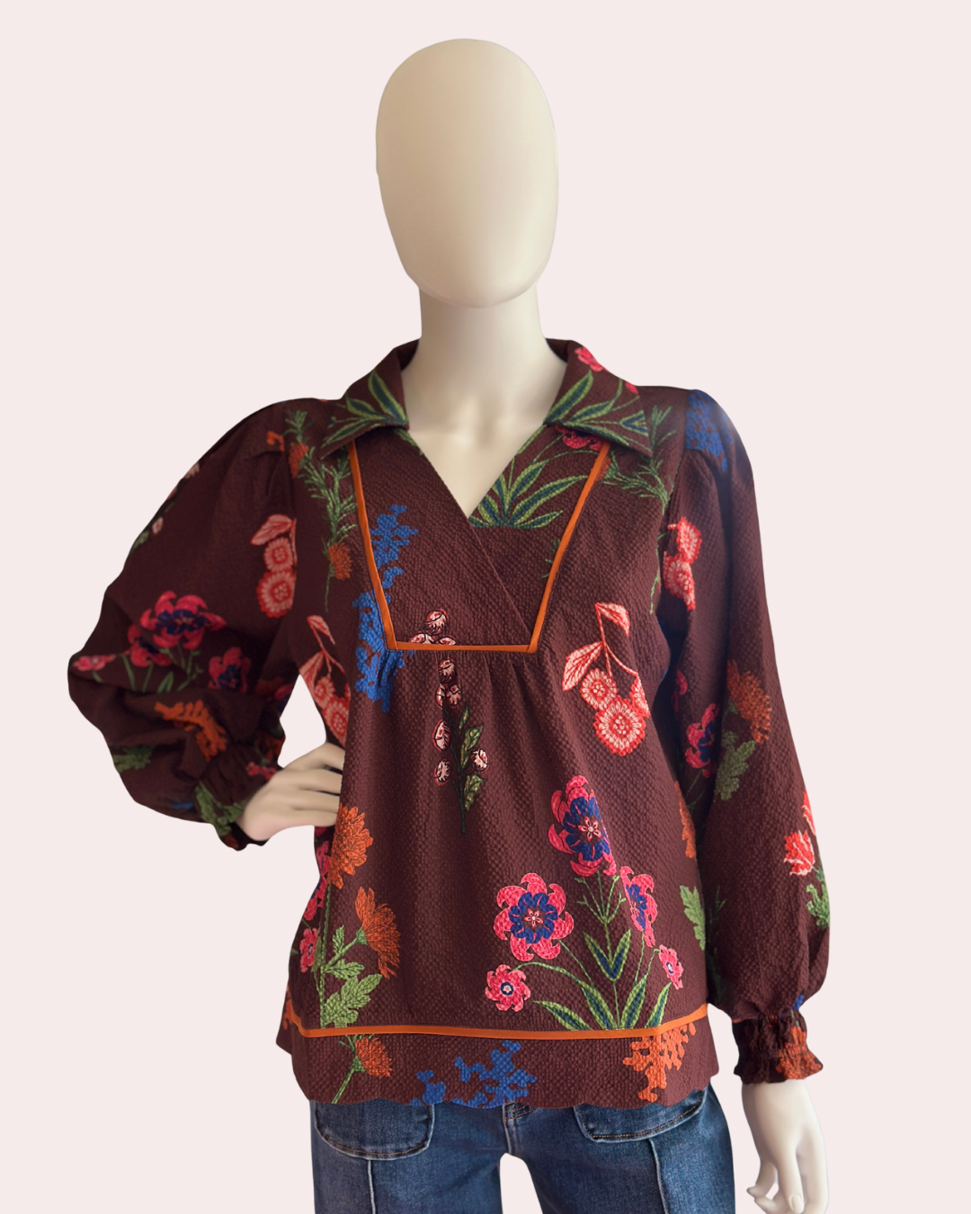 Brown floral print collared top