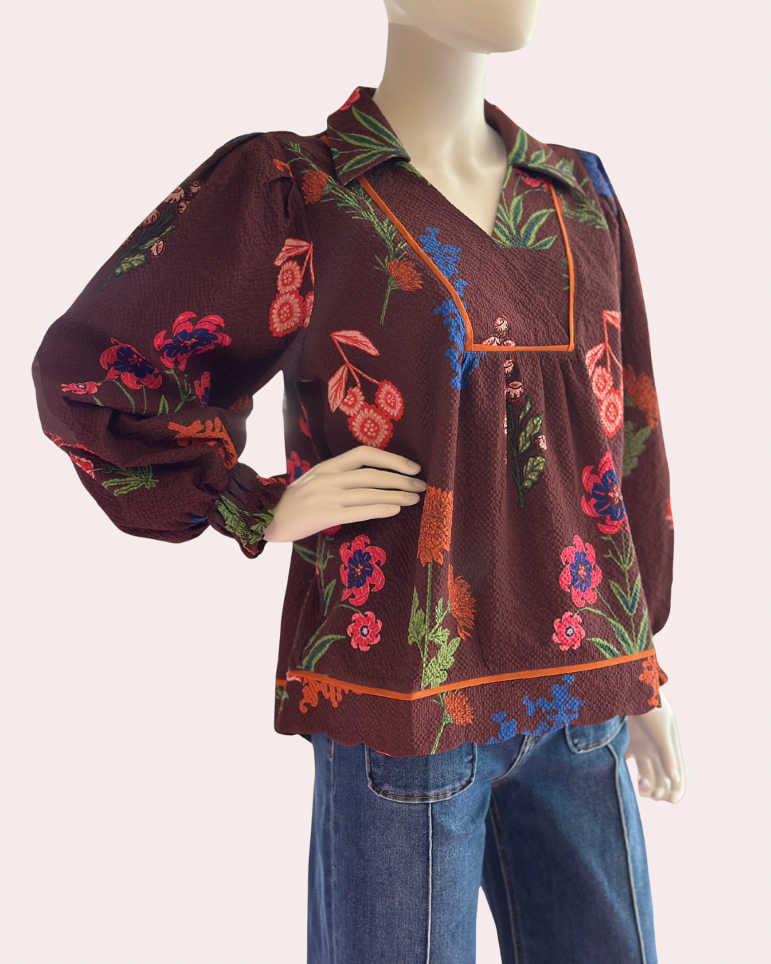 Brown floral print collared top