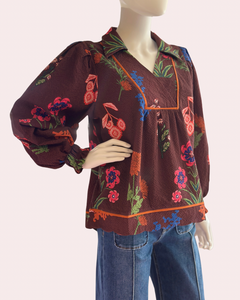Brown floral print collared top