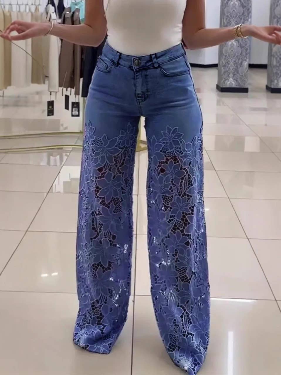 Dark blue floral crochet lace cut-out jeans