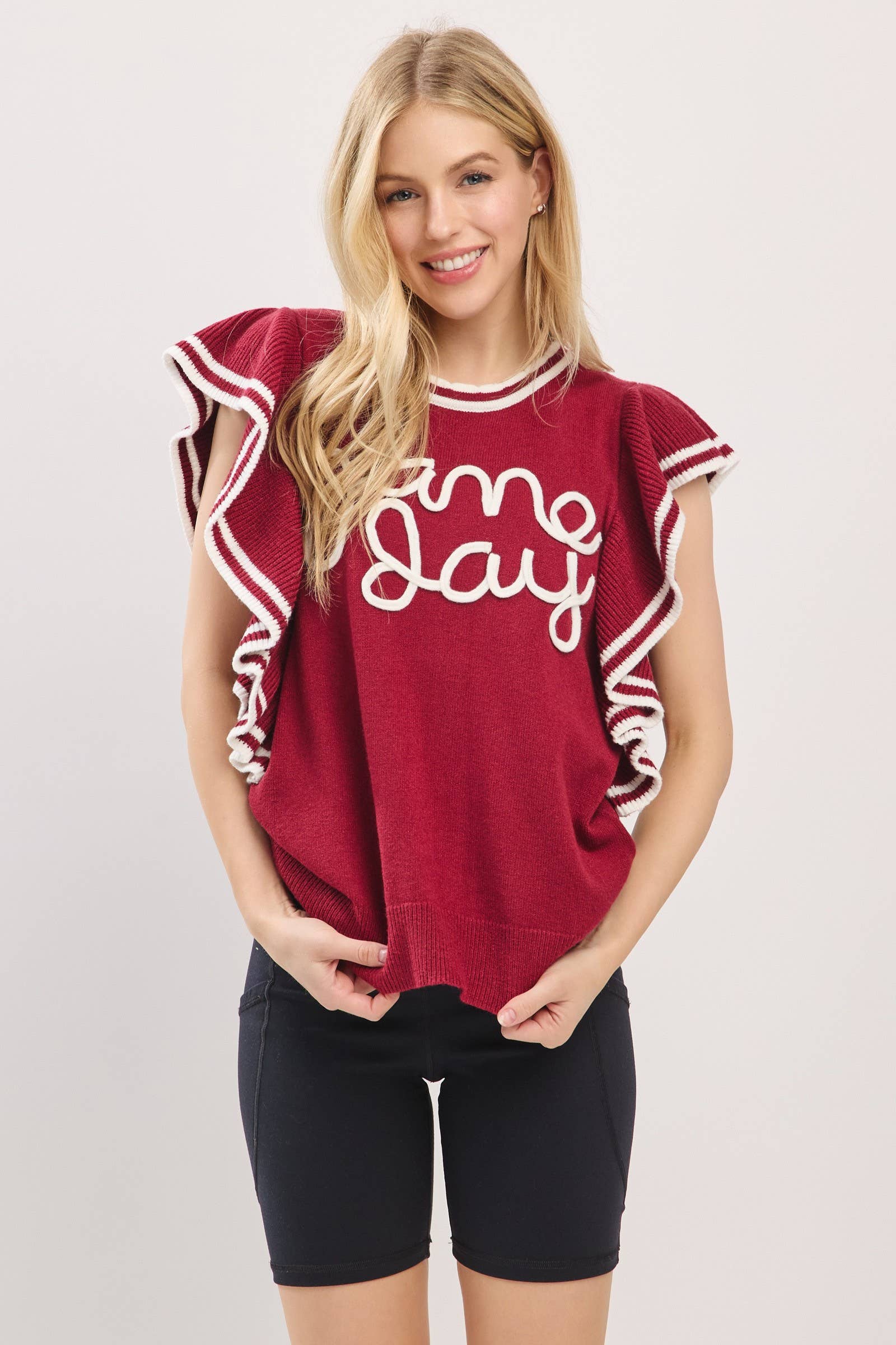 Maroon & white ruffle sleeve varsity game day knit top
