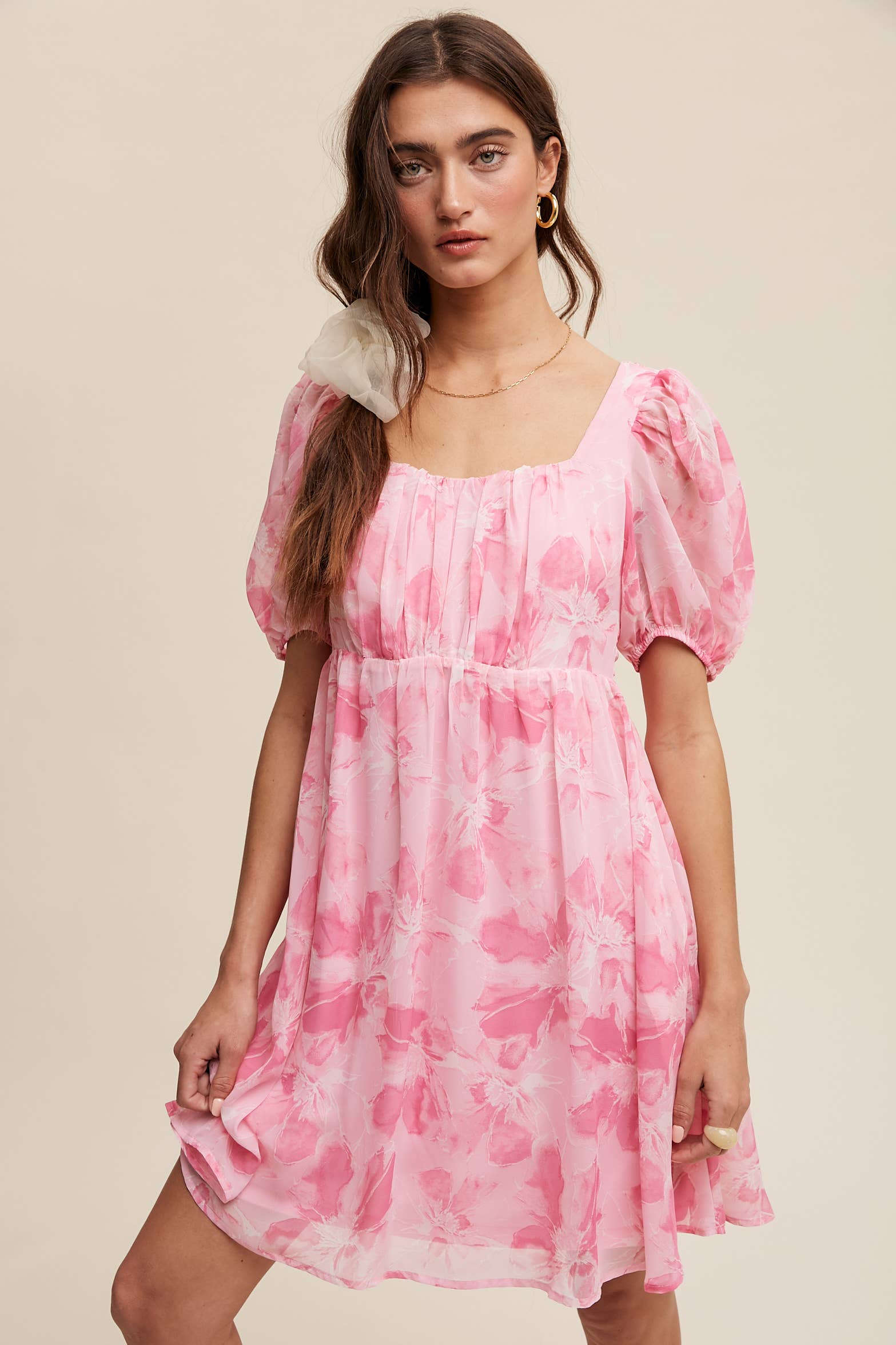 Pink floral puff-sleeve mini dress