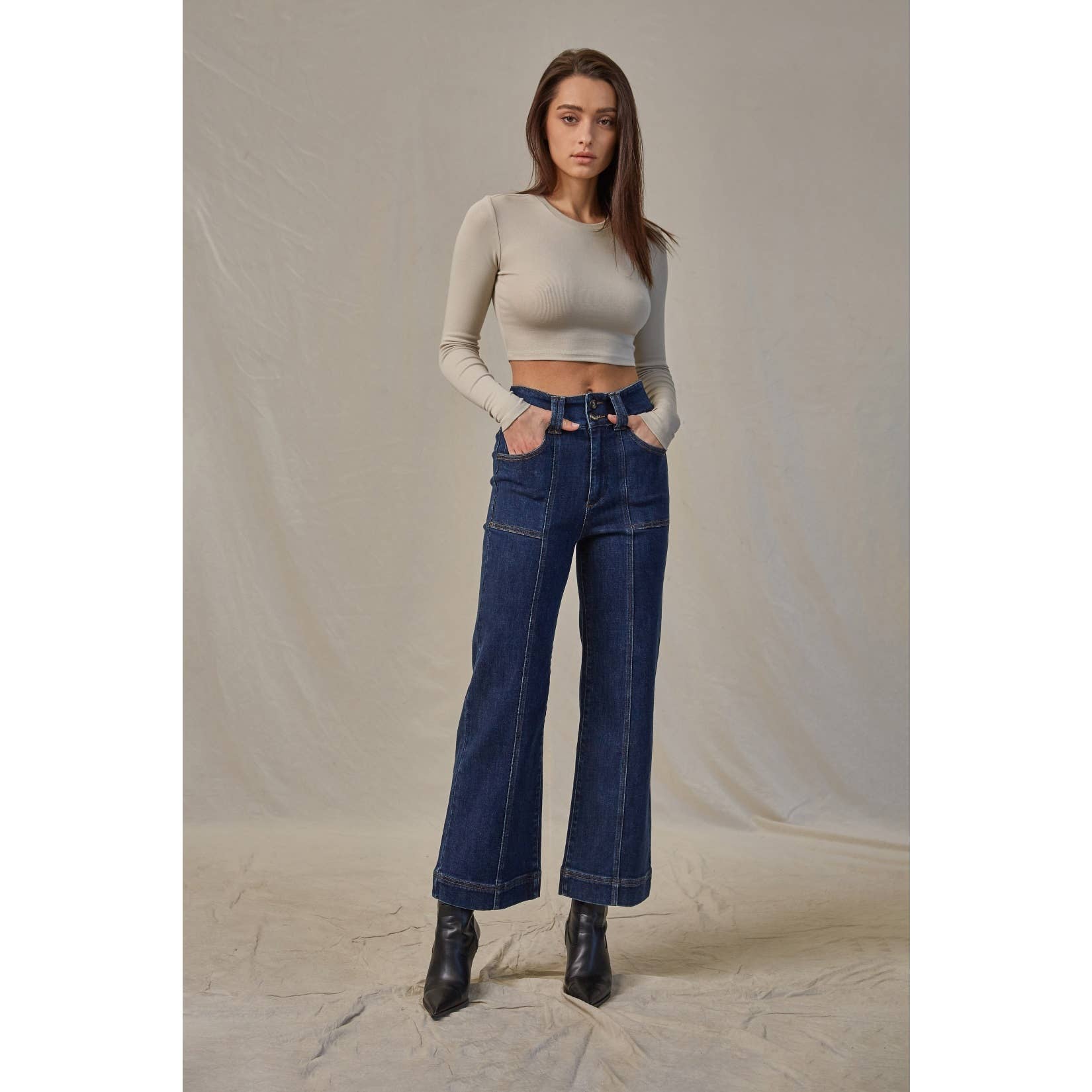 French navy jeans with super high rise and wide crop leg