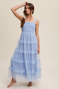 Slate blue tiered tulle maxi dress