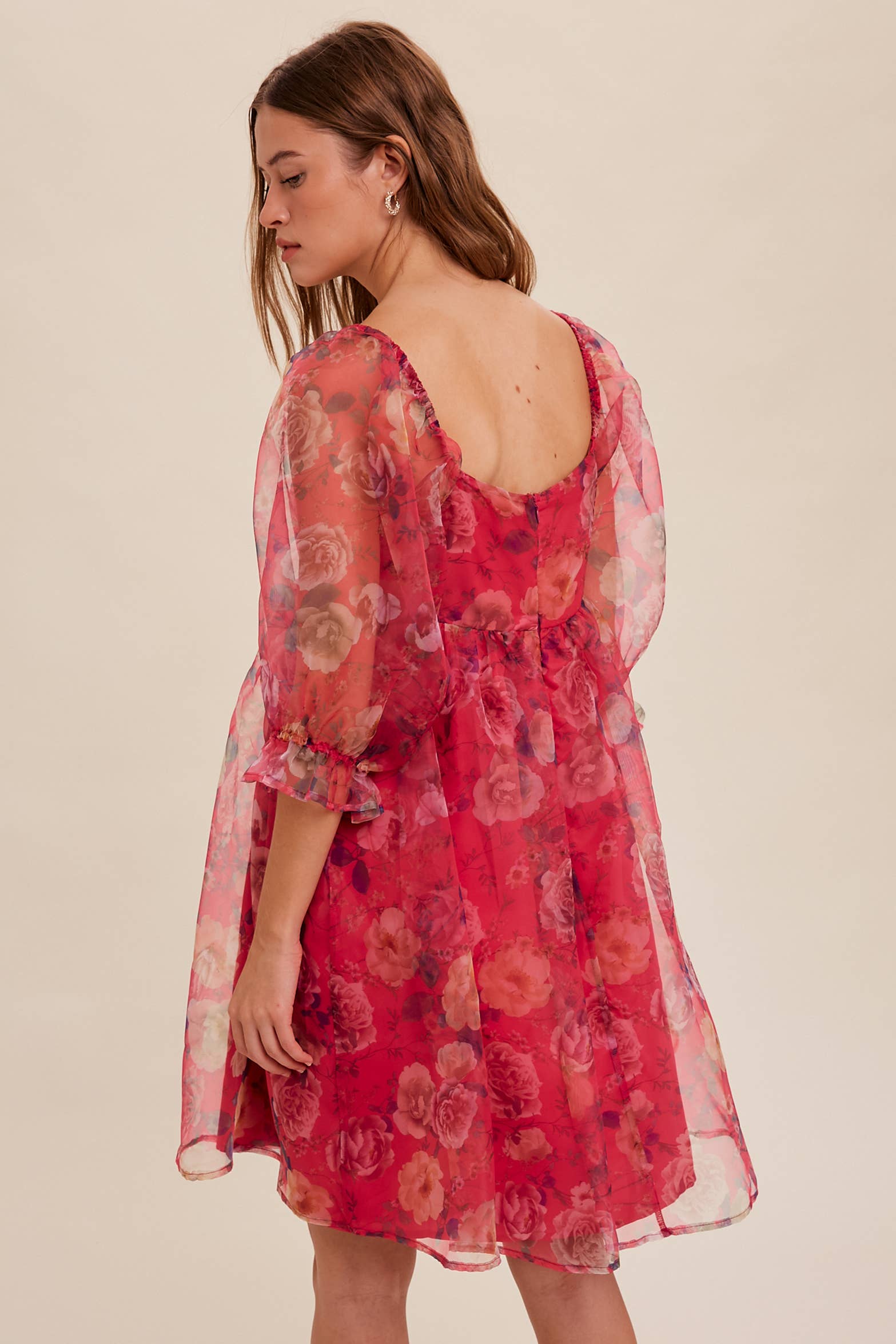 Pink floral organza puff sleeve dress
