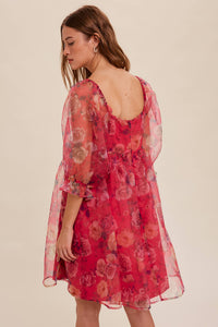 Pink floral organza puff sleeve dress