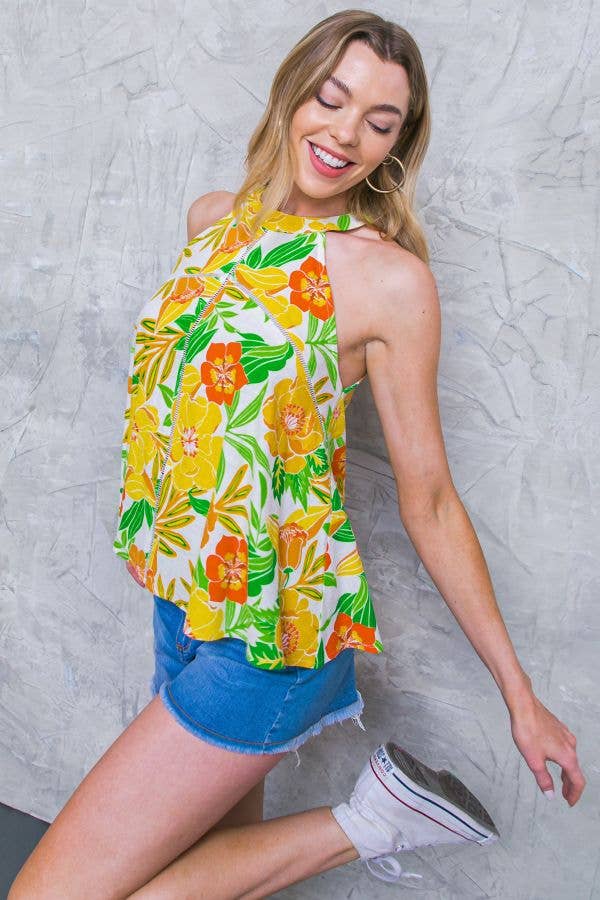 Ivory & yellow printed linen halter top