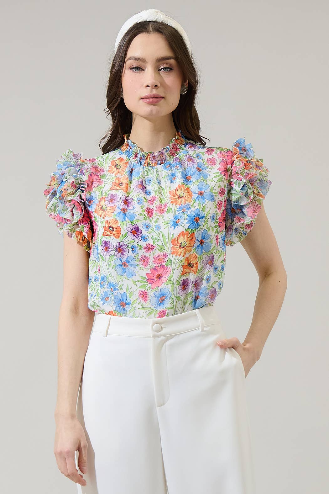 Floral mock neck ruffle blouse