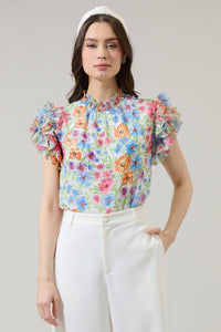 Floral mock neck ruffle blouse