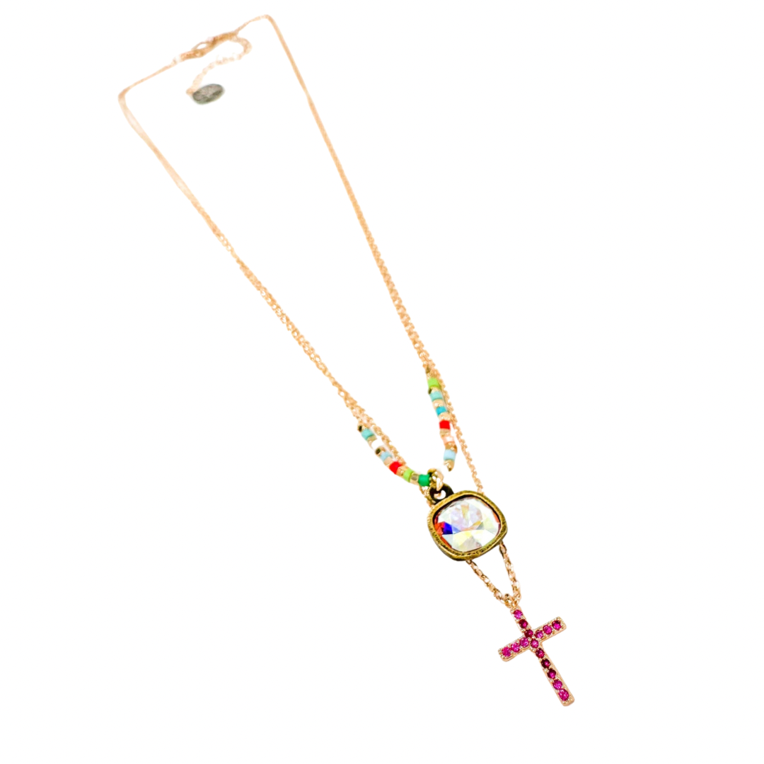 Multi color cross drop necklace