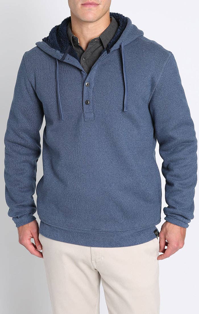 Blue sherpa lined ultra soft ribbed hooded henley