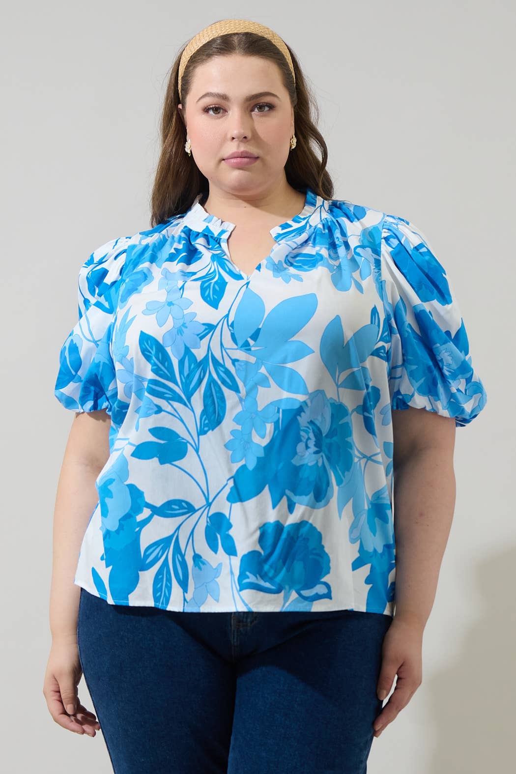 Blue & white floral print blouse