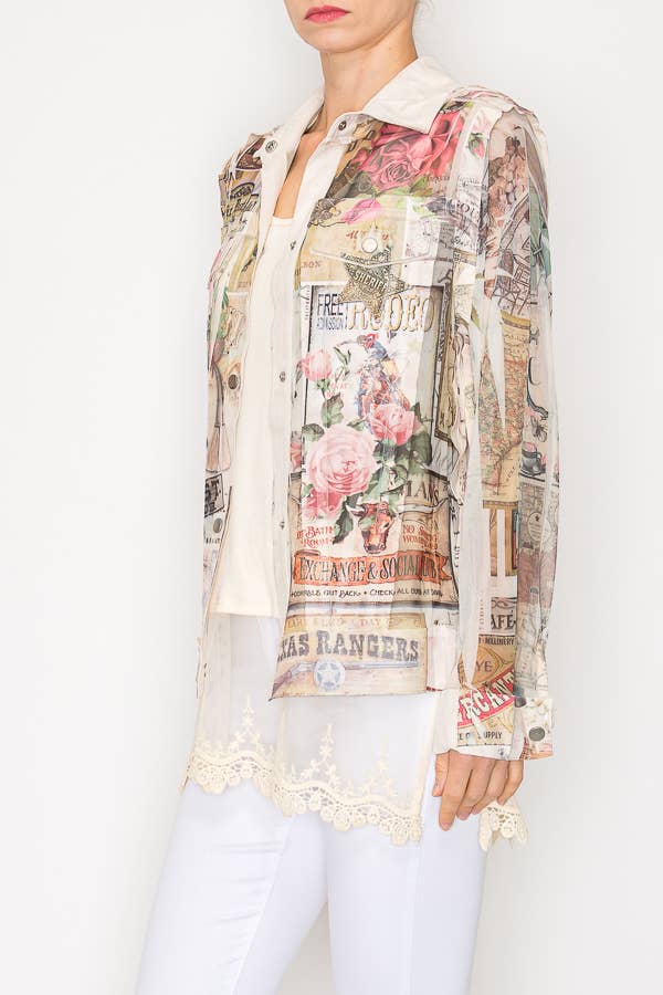 Rose western faux suede mesh trimmed detailed top