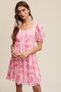 Pink floral puff-sleeve mini dress
