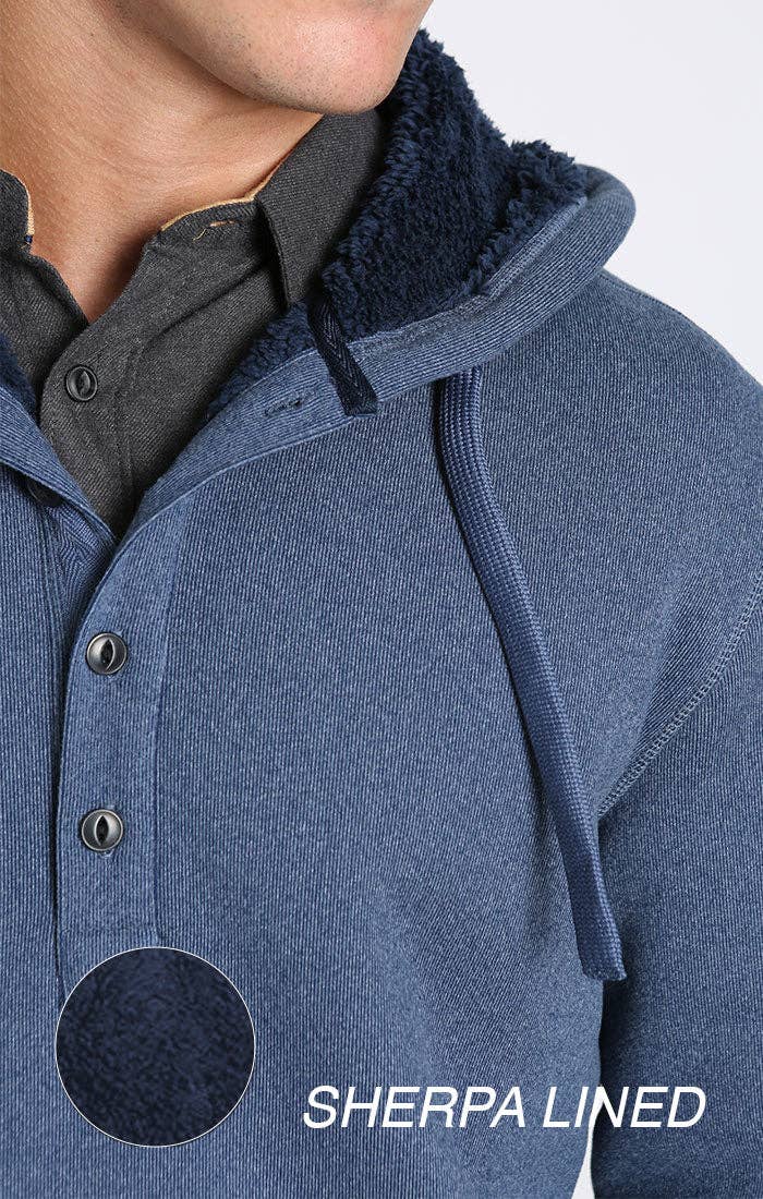 Blue sherpa lined ultra soft ribbed hooded henley